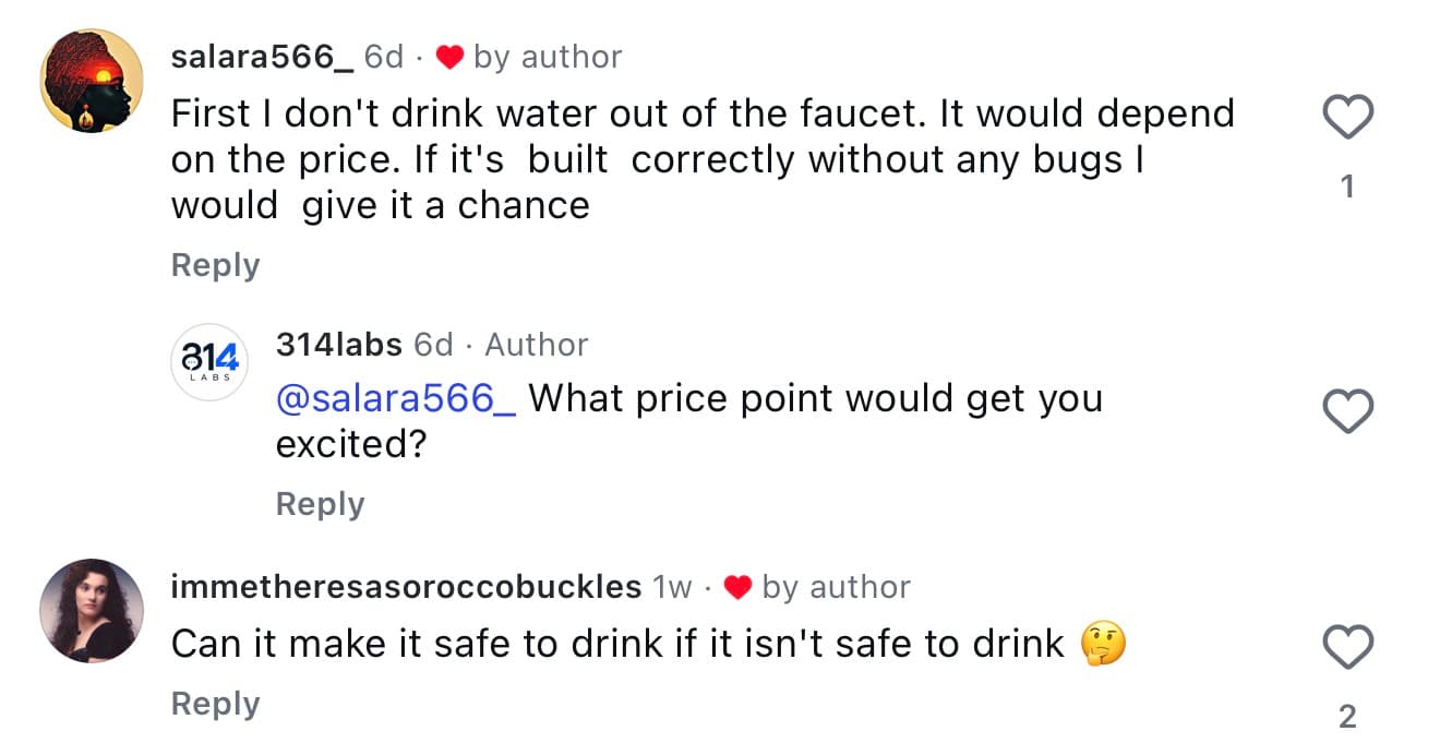 Unedited comments from a live test: a stranger says it depends on the price, Preparo asks which price would excite them, and a third questions whether the product can do what it claims.